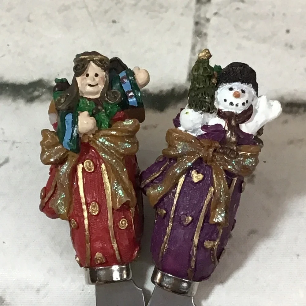 Christmas Cheese Spreader Knives Lot Of 4 Resin Figural Stainless Steel